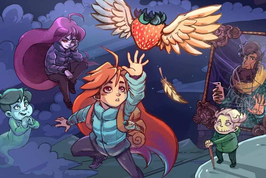 Video game still of person reaching to catch a strawberry with wings.