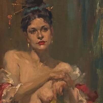 An oil painting of a woman with a kimono draped around her shoulders. 
