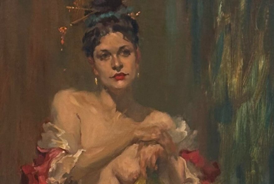 An oil painting of a woman with a kimono draped around her shoulders. 