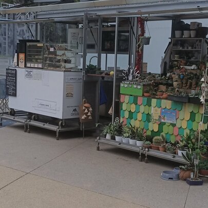 A kiosk in Docklands, selling small plants in pots and food and drinks from a small counter under shelter.