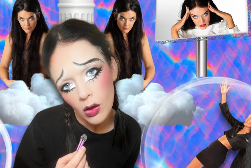 Multiple images of Alex Hines wearing exaggerated makeup, in the clouds, in a bubble, on a screen and in front holding makeup.