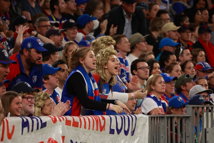 Western Bulldogs AFL fans in the stands during a match.