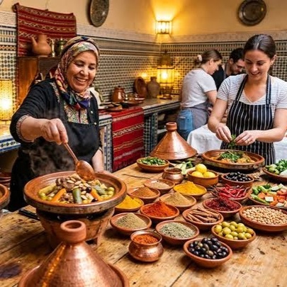 Cook and participants preparing food from an array of clay bowls in a tagine cooking class.