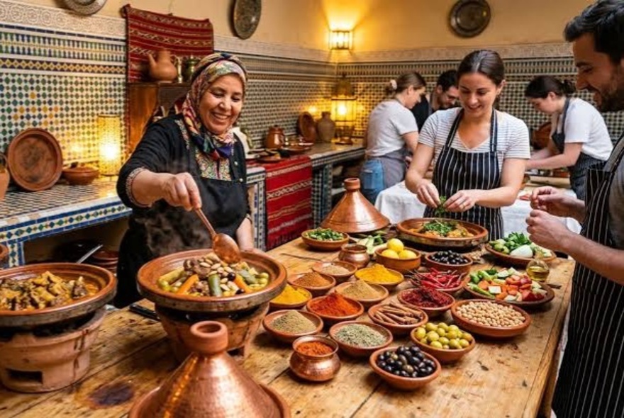 Cook and participants preparing food from an array of clay bowls in a tagine cooking class.