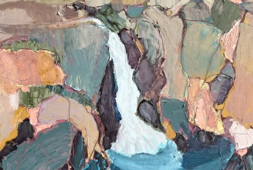An abstract oil painting depicting a waterfall cascading down a rocky cliff.