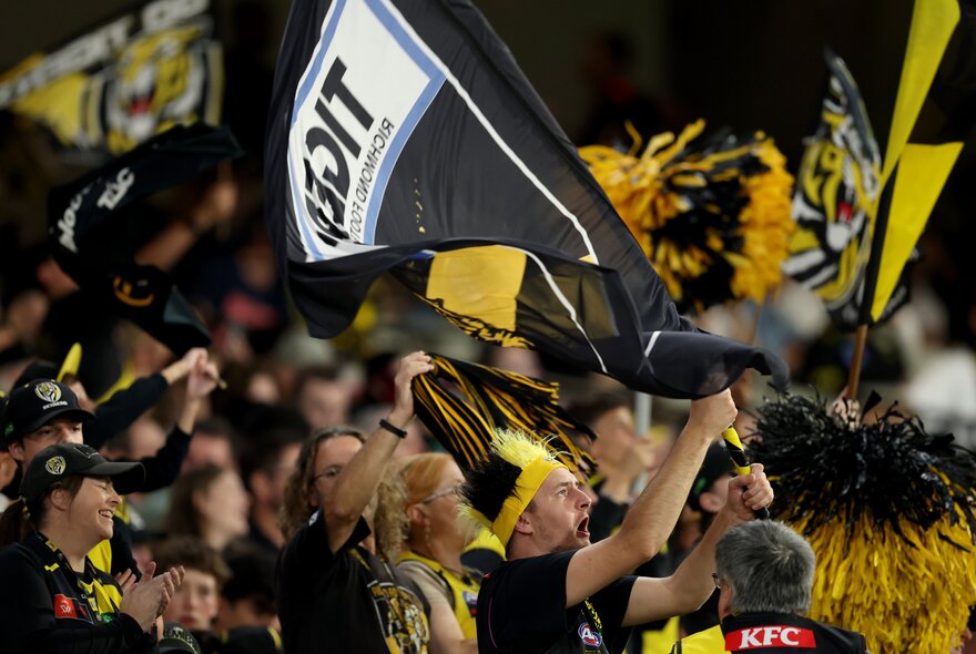 A crowd of Richmond AFL fans at a sports stadium, some of them standing with arms in the air, wearing football club scarves and team colours.