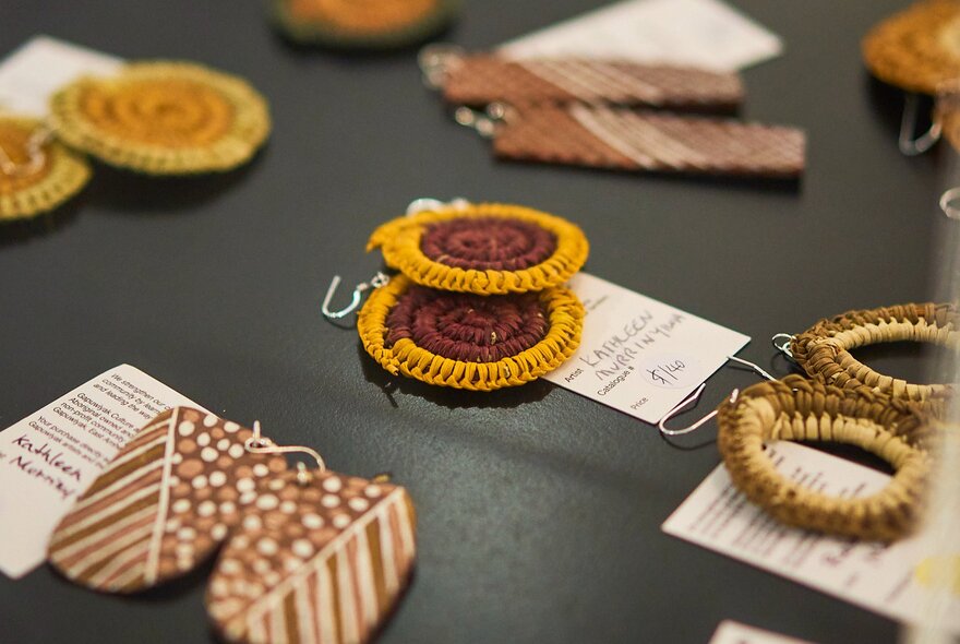 A selection of handmade earrings by First Nations artists. 