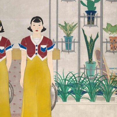 An oil painting depicting two women standing side-by-side wearing the same clothes, in a room with potted plants hanging on the wall behind them.