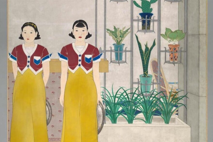 An oil painting depicting two women standing side-by-side wearing the same clothes, in a room with potted plants hanging on the wall behind them.