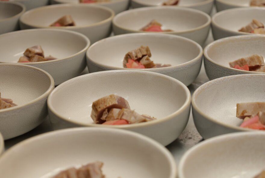 Many bowls of identical food lined up at an event. 