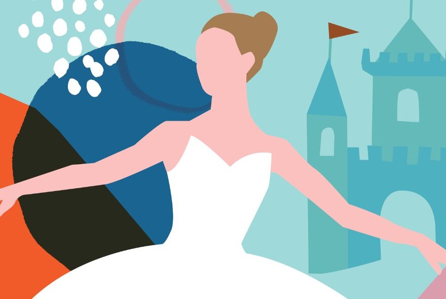 Graphic cartoon in block pastel colours of a dancer in front of a fairytale shaped castle.