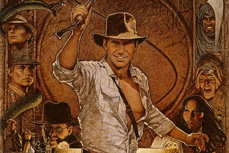 A sepia toned illustration of the characters from the movie Indiana Jones: Raiders of the Lost Ark, with the actor Harrison Ford in the centre.