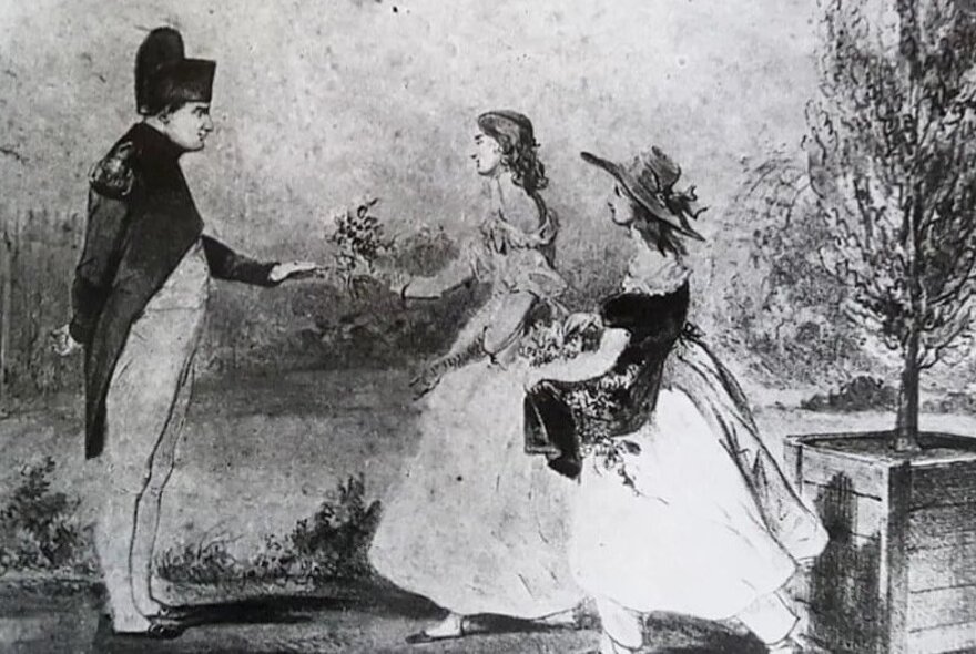 Illustration of a portly Napoleon greeting two girls bearing flowers.