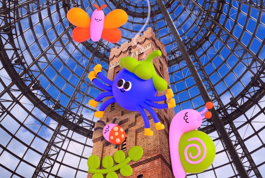 Melbourne Cental shot tower with colourful cartoon figures.