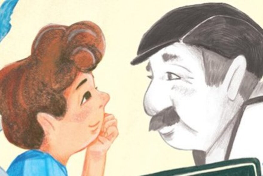 An illustration from a picture book depicting a tender moment between a child and and his grandfather.
