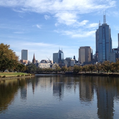 View of Melbourne skyscrapers from Yarra River.