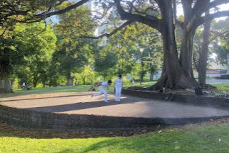 Two men wearing white dancing Capoeira in Flagstaff Gardens.