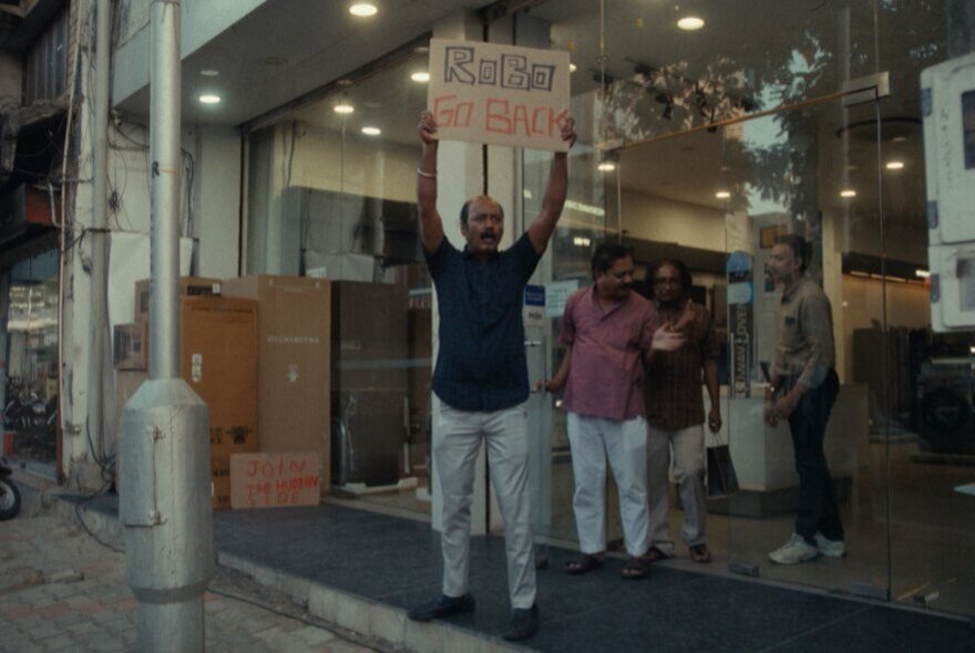 A still from an Indian movie showing a man standing outside his shop with a sign that says, Robo Go Back.