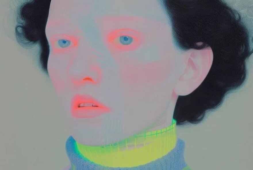 Artwork of blurred female face with lime green turtle neck.