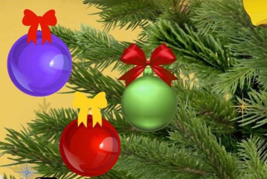 Close up of a pine Christmas tree, with the images of three different coloured baubles superimposed over the top.