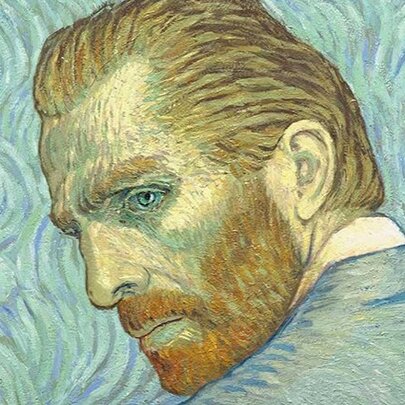 A still from the film, Loving Vincent, showing a painted portrait of Vincent Van Gogh in the style of Van Gogh and painted predominantly with blue.