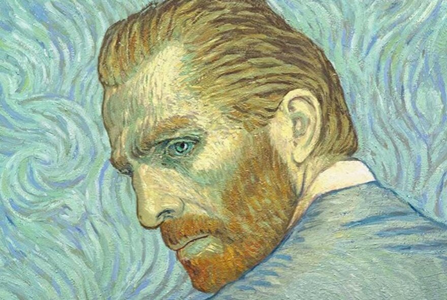 A still from the film, Loving Vincent, showing a painted portrait of Vincent Van Gogh in the style of Van Gogh and painted predominantly with blue.