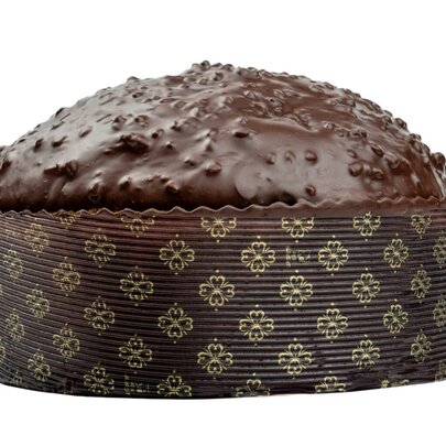 Chocolate panettone in a large paper case.