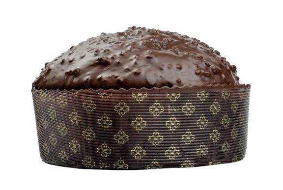 Chocolate panettone in a large paper case.