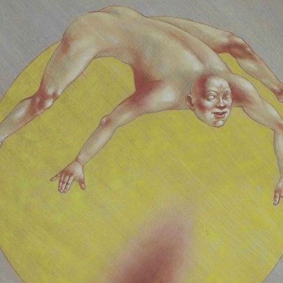 Artwork depicting a naked man astride a golden globe.