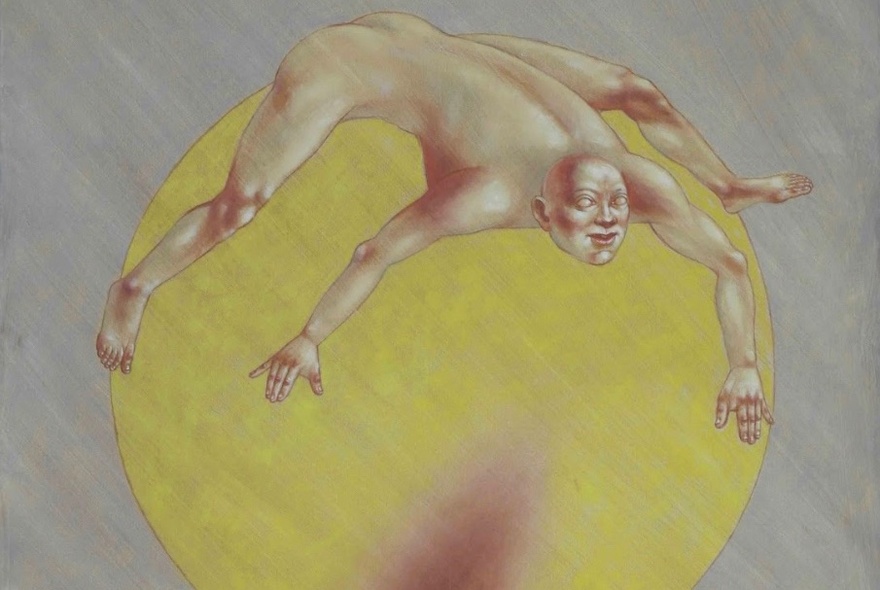 Artwork depicting a naked man astride a golden globe.