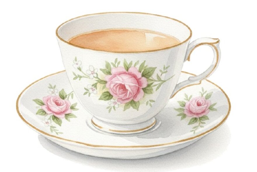 A lovely fine bone china teacup and saucer, finely painted with delicate pink roses.