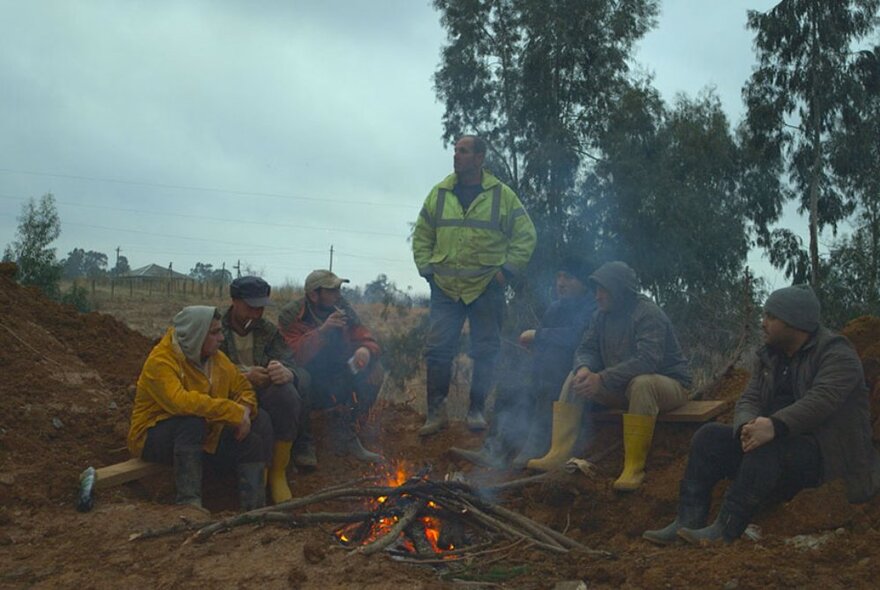 A still from the film Taming the Garden showing men sitting around a campfire at dusk.