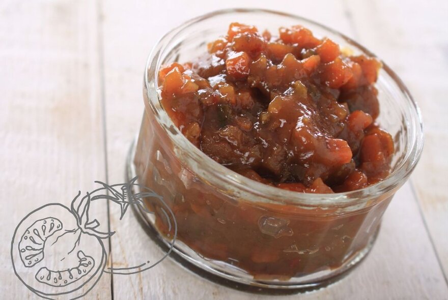 A small glass bowl of chutney.