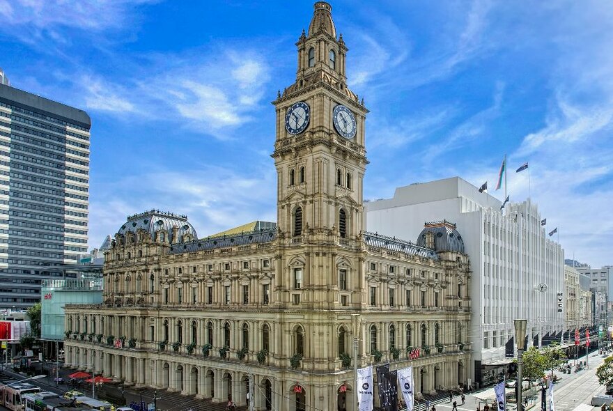 External corner facade view of the GPO with its famous clock tower and arcades.