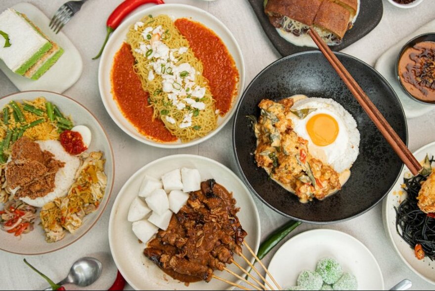 Aerial view of Indonesian dishes.