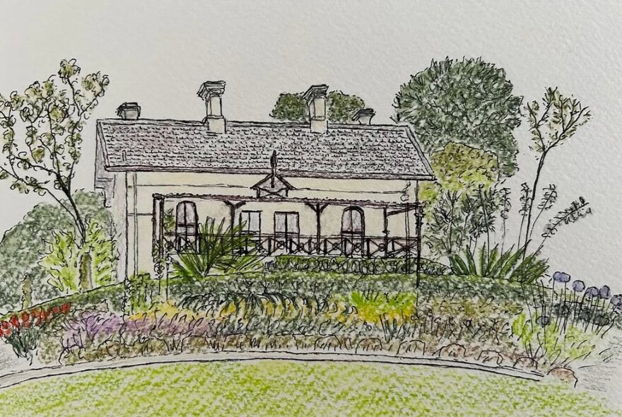 A sketch of Gardens House in fineliner pen and watercolour pencils.