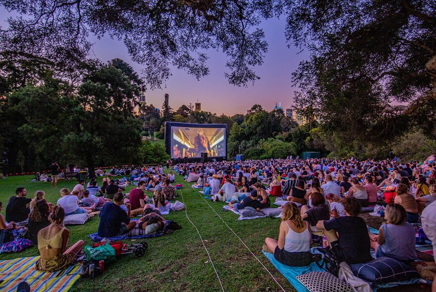 People sitting on the grass watching a movie in the gardens at sunset.