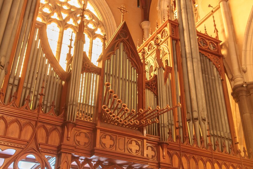 Detail of St Patrick Cathedral's pipe organ and Gothic window.