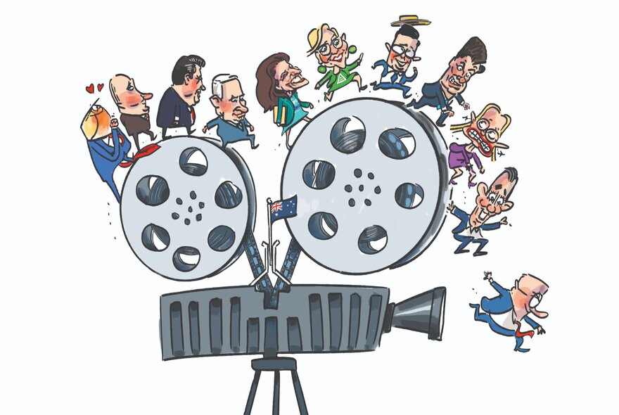 Cartoon of a movie camera topped with tiny figures.