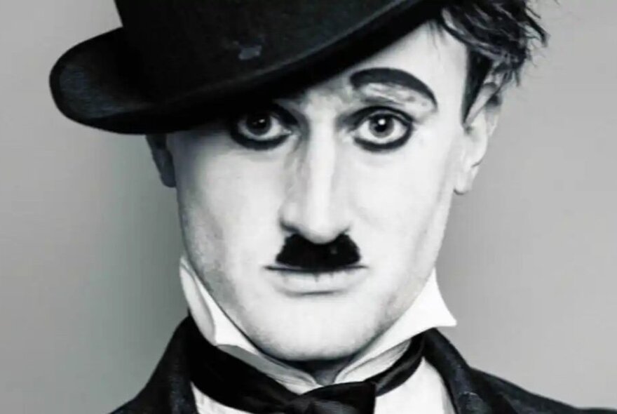 A black and white portrait of Charlie Chaplin wearing a black bowler hat and thick black eye makeup.