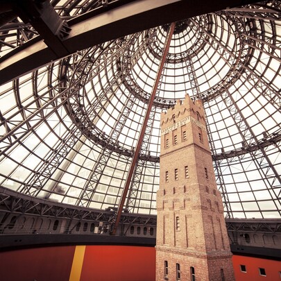 The shot tower and conical glass roof of Melbourne Central.
