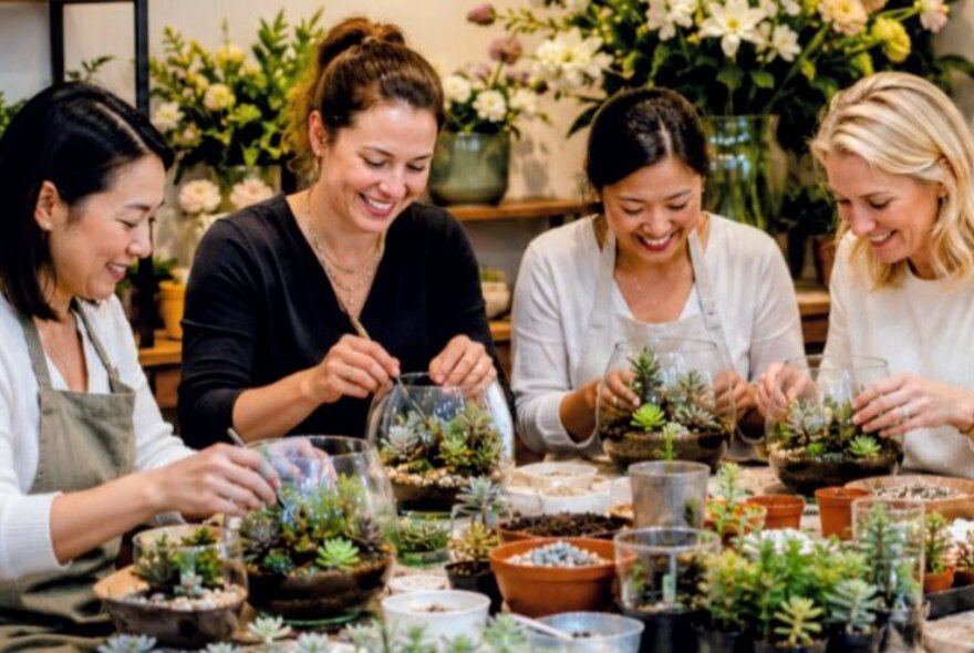 A group of people creating miniature terrariums with succulents, gravel, bowls and pots in a florist setting.