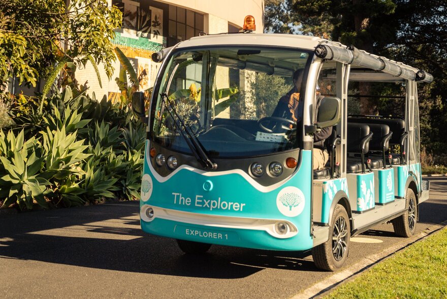 The open-sided Explorer Bus at Royal Botanic Melbourne Gardens on a path with foliage.