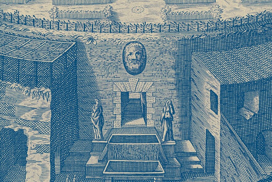 Blue print of  detail of a classical building with statues.