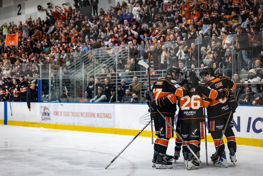 An ice hockey match in progress with spectators in the stands and players in a huddle on the ice. 
