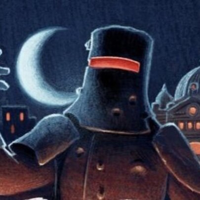 An illustration of Ned Kelly in his armour at night with the Melbourne skyline in the background and a crescent moon.