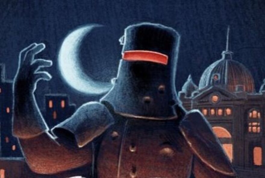 An illustration of Ned Kelly in his armour at night with the Melbourne skyline in the background and a crescent moon.