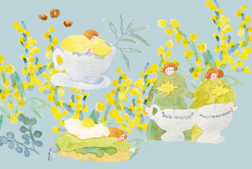 Illustration of teacups and flowers.