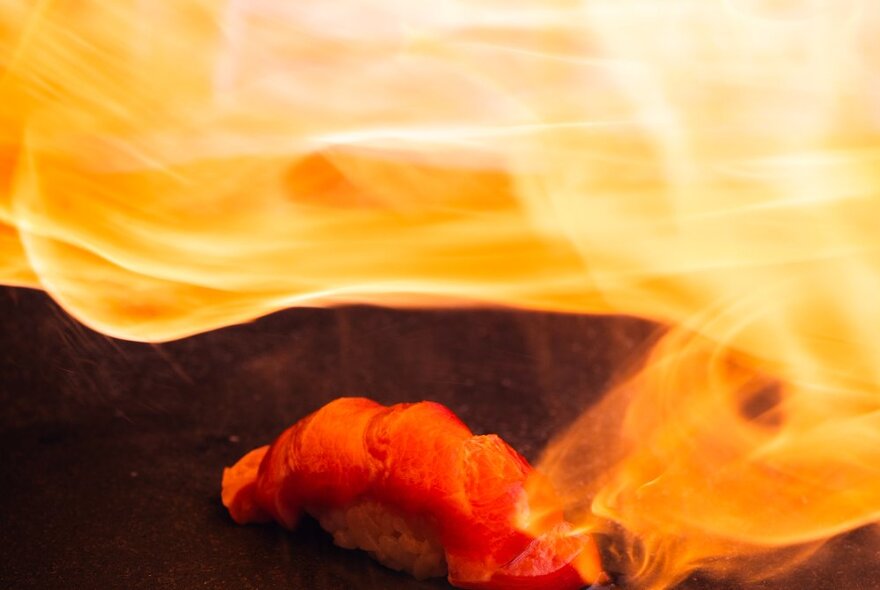 A piece of raw fish, with a flame hovering over the top of it.