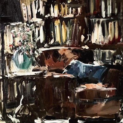 Painting of a study with book-lined shelves, standard lamp, table and chair.